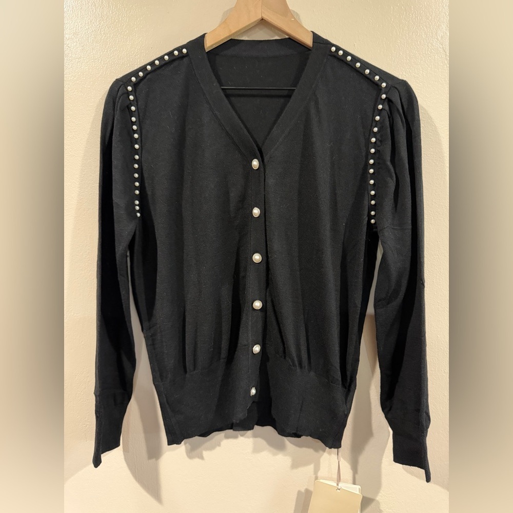 NWT Black Pearl-Embellished Women's Soft Cardigan Sweater Size Medium